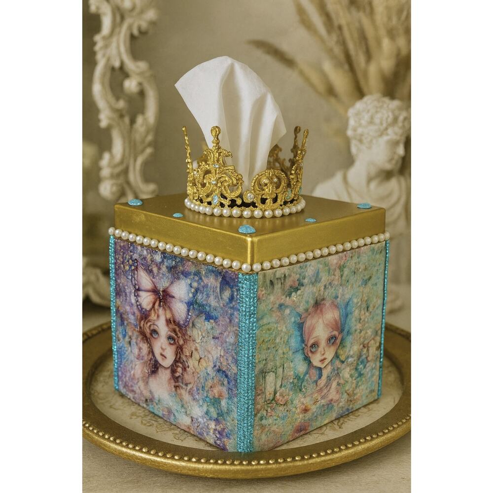 Princess Rhinestone Vanity Tissue Box Cover Crown Baroque Pop Art Decor Royal